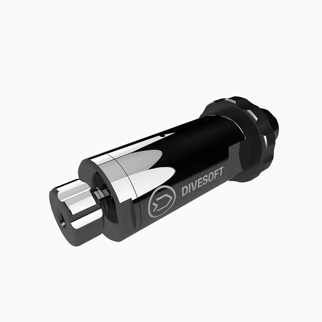 Close up of Divesoft Professional Flow Limiter Mk2 connected to a scuba tank valve
