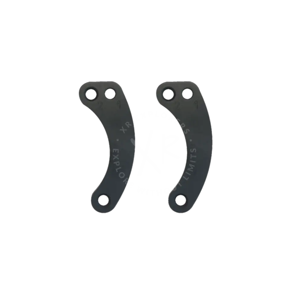A pair of professional tensioners with sleek curved matte gray metal brackets featuring three drilled holes each