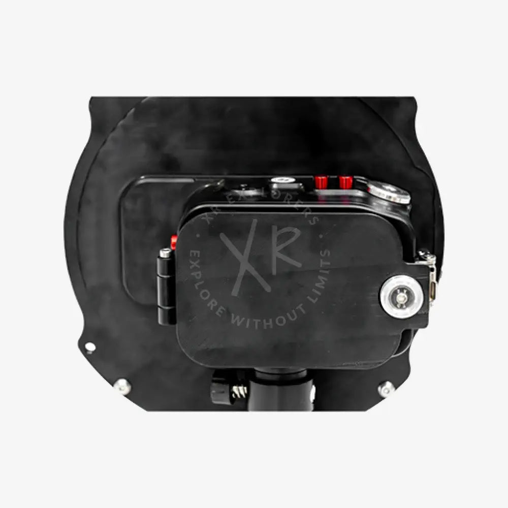 Black waterproof camera housing with red and silver accents protection cups for action cam housing front view