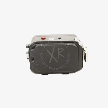 Gray rectangular waterproof action camera with red button and silver accents in protection cups housing