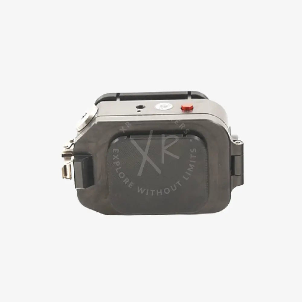 Gray rectangular protection cups for action cam housing with textured front panel and silver metallic edges featuring red button