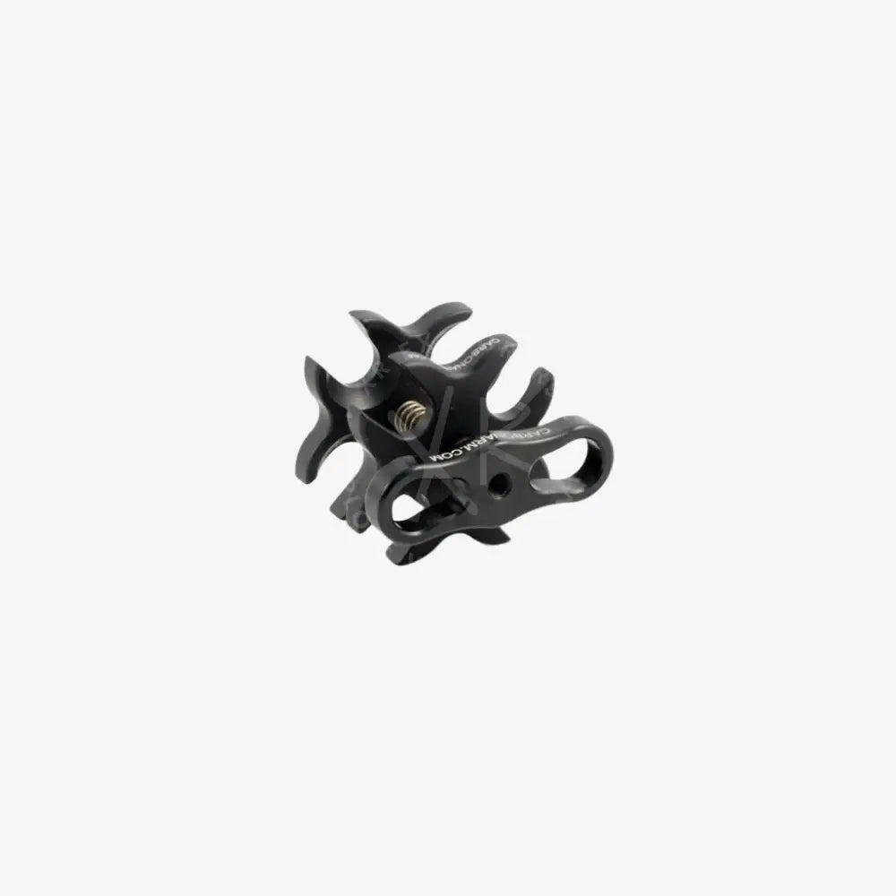 Black metal quadruple clamp camera rig with central threaded screw and multiple adjustable arms for secure mounting