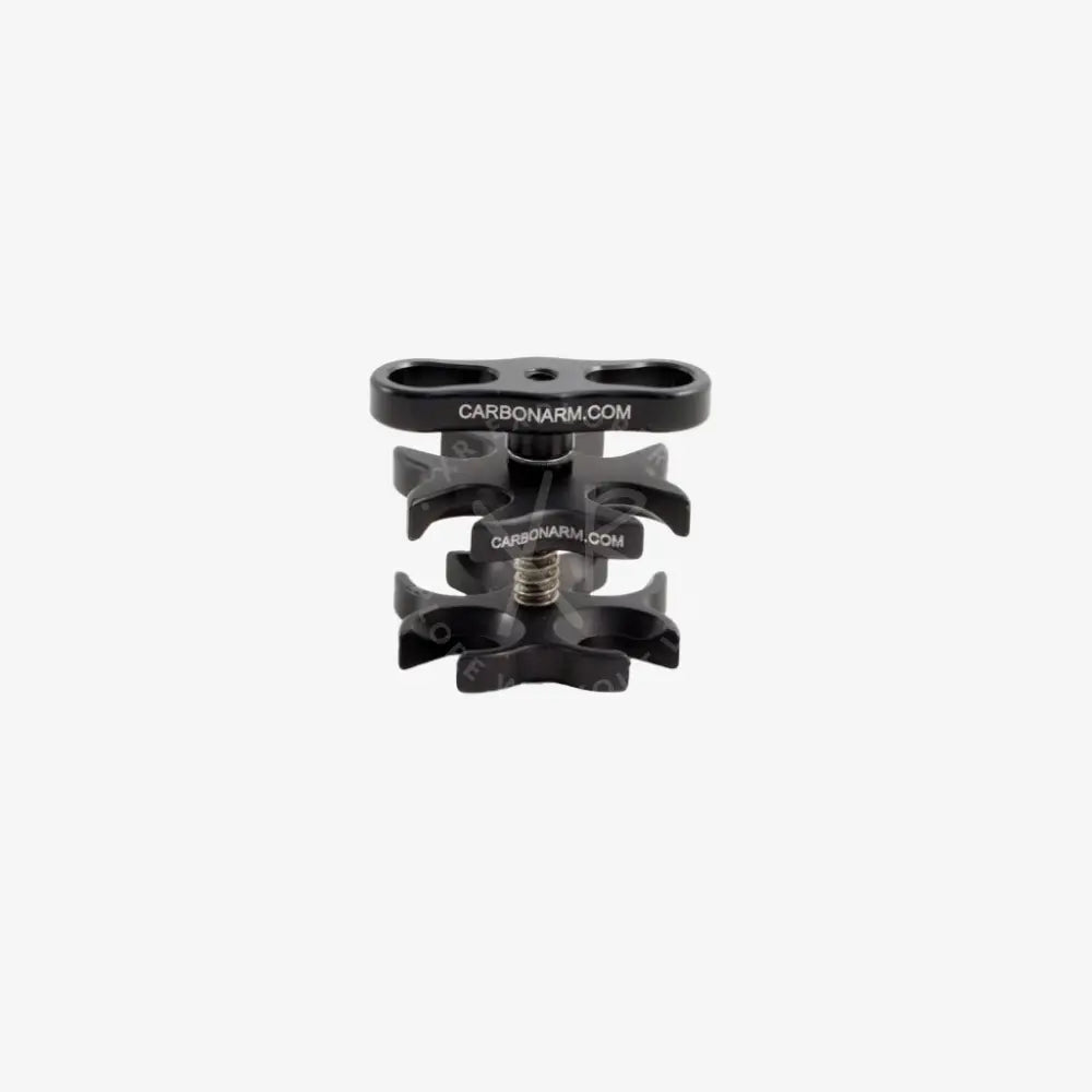 Black carbon fiber quadruple clamp camera clamp with textured grip and engraved branding for secure mounting