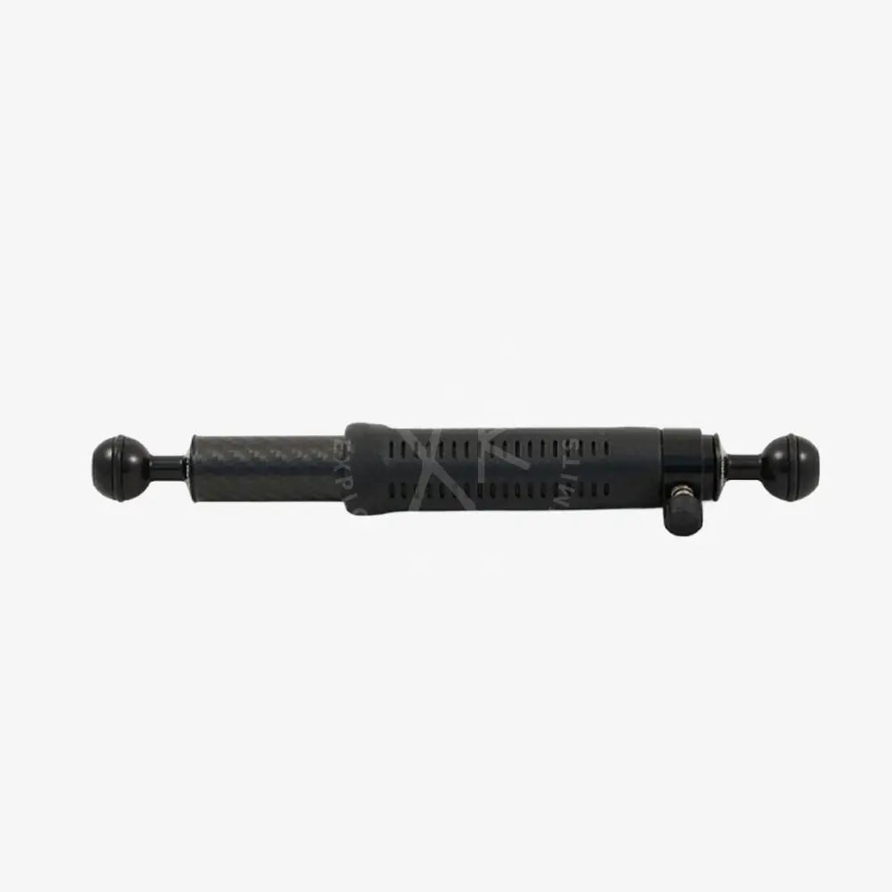 Black metal quick release carbon arm shock absorber with spherical ends and ribbed central body for grip
