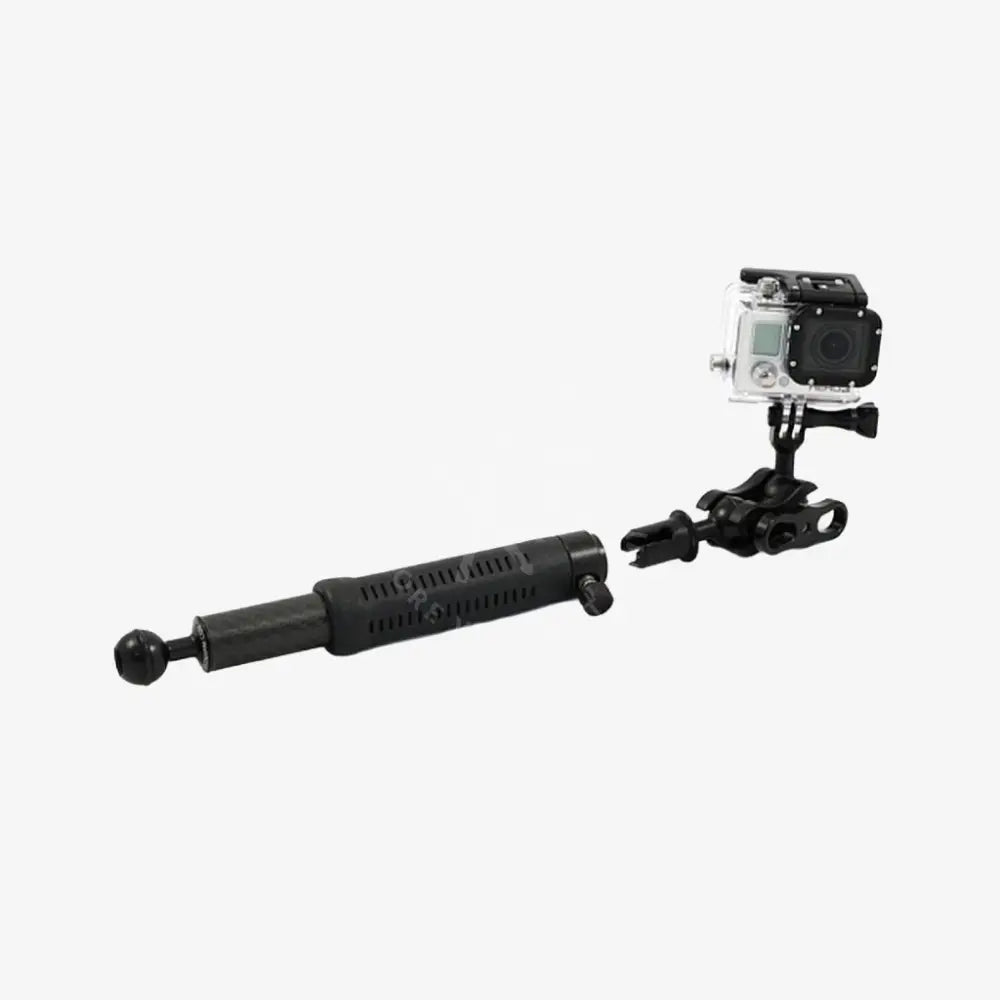 Black adjustable quick release carbon arm camera stabilizer with grip and gopro mounted on its clamp