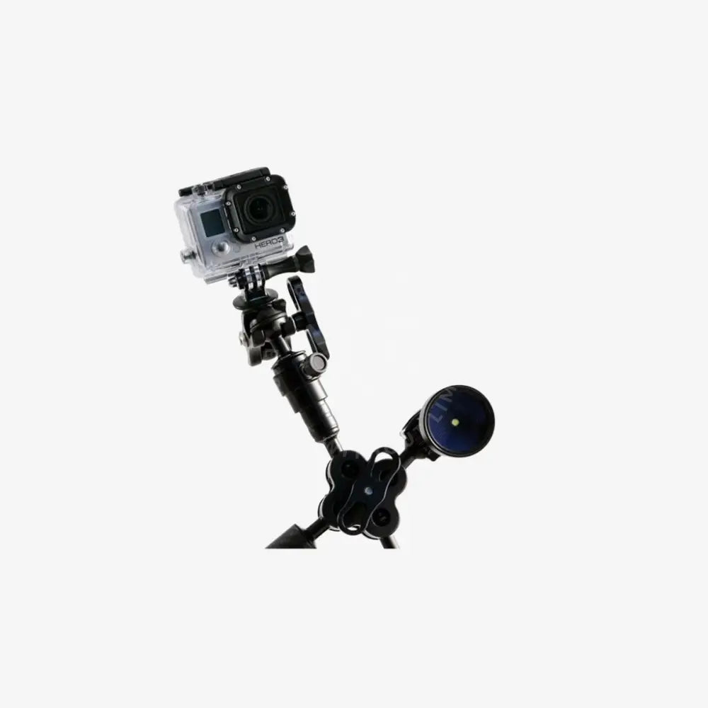Black gopro camera mounted on flexible quick release carbon arms tripod with attached lens for versatile shooting