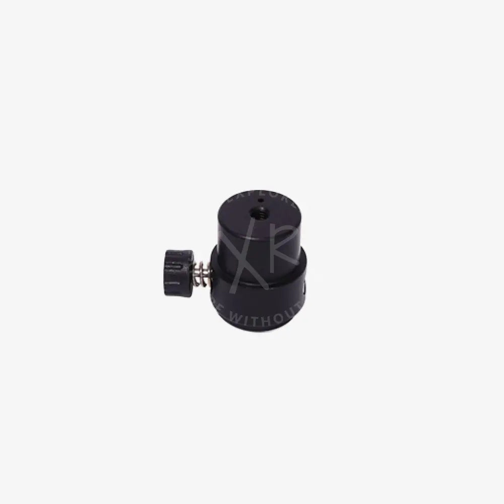 Black cylindrical quick release starting base female camera lens mount adapter with knurled knob and metallic spring mechanism