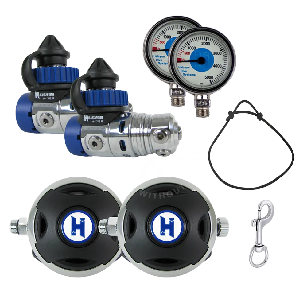 Silver and blue halcyon h-75p dive regulator set with black octopus housings featuring a prominent h logo