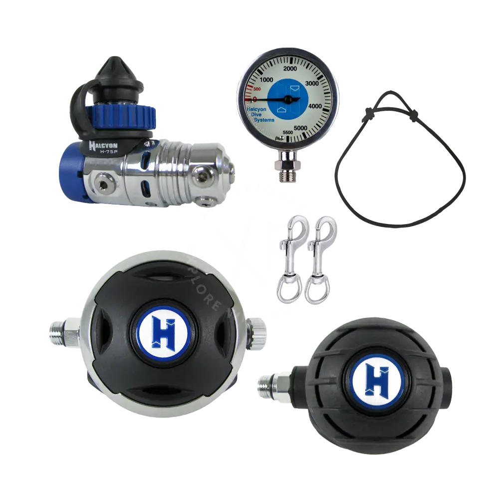 Halcyon h-7bp dive regulator with blue silver components and black housing featuring illuminated h logo in regulator systems
