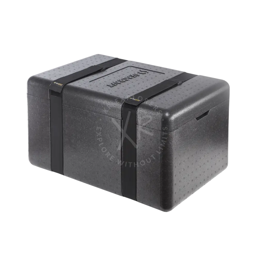 Black rigid thermal insulated epp food delivery box with textured surface and black straps for temperature control