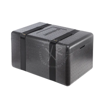Black rigid thermal insulated epp food delivery box with textured surface and black straps for temperature control