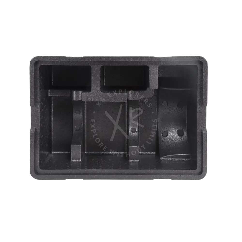 Black molded rigid thermal insulated epp container with segmented interior compartments for organized storage