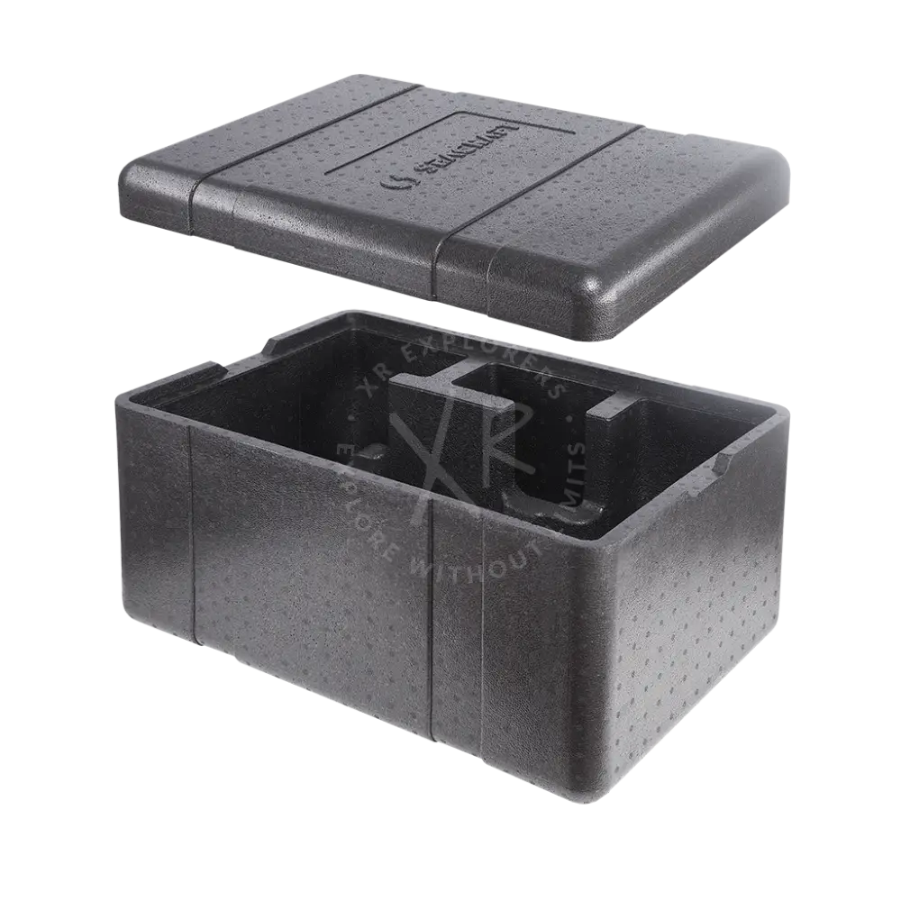 Black insulated food container with textured perforated surface and molded compartments made of rigid thermal insulated epp