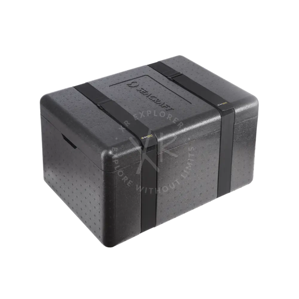 Black rigid thermal insulated cooler box made of epp with textured surface and black carrying straps