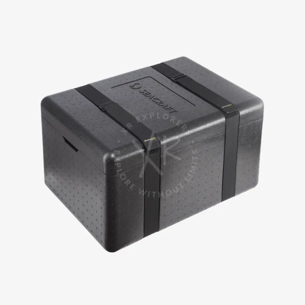 Black rigid thermal insulated cooler box made of epp with textured surface and black carrying straps