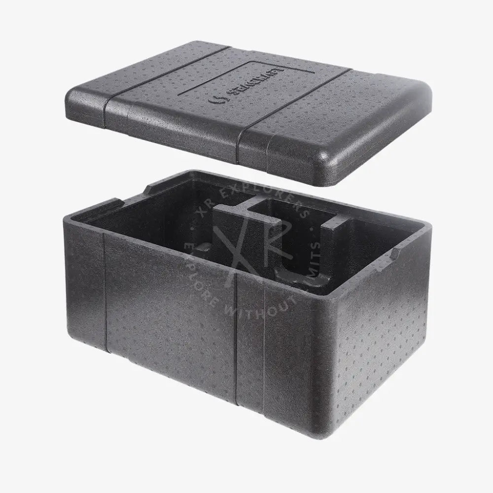 Black insulated food container with textured perforated surface and molded compartments made of rigid thermal insulated epp