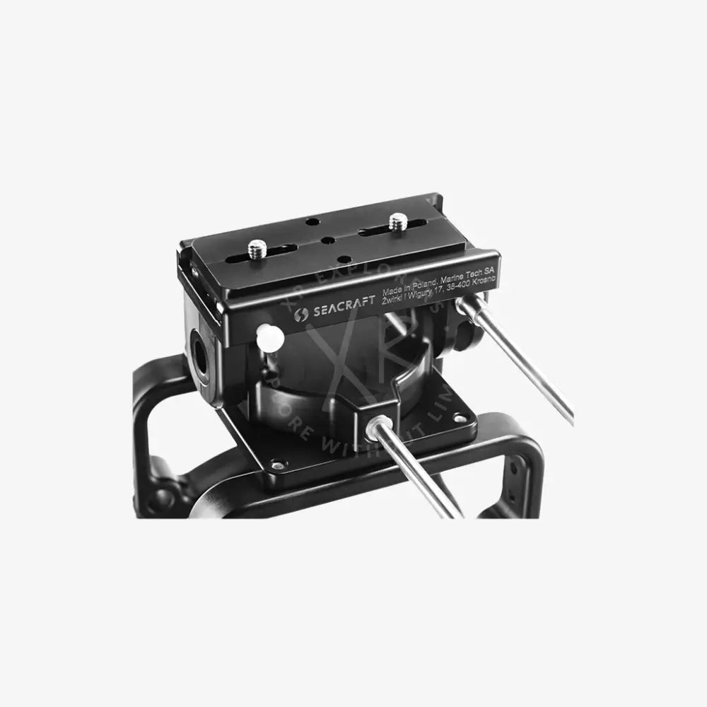 Black roto camera mount tripod head with metallic adjustment rods and mounting plate for secure seacraft setup