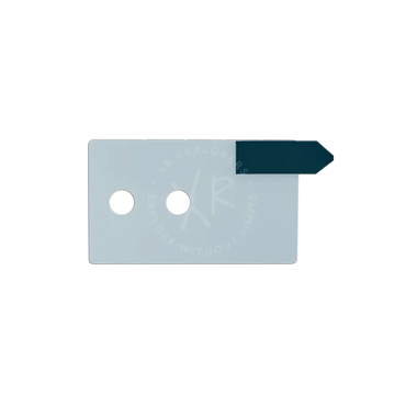 Light blue screen protective foil folder with two circular cutouts and dark teal arrow-shaped tab on the right side
