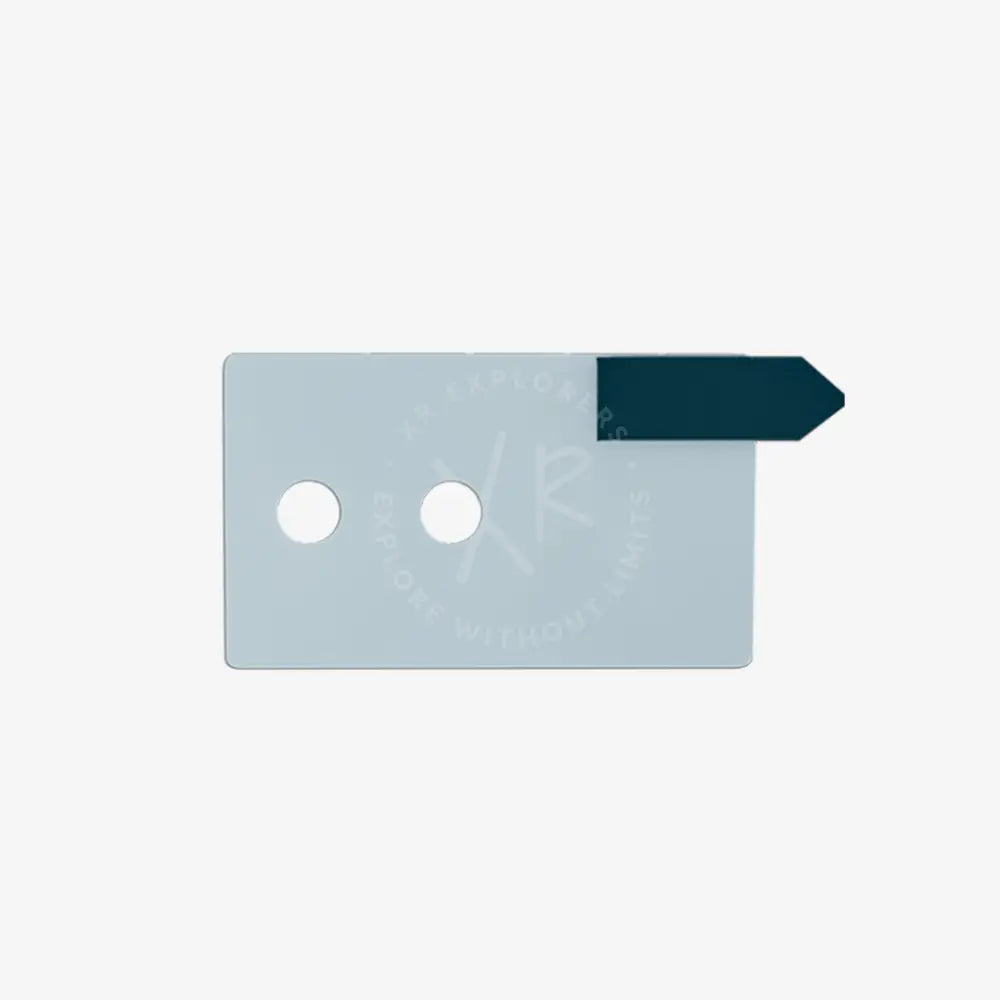 Light blue screen protective foil folder with two circular cutouts and dark teal arrow-shaped tab on the right side