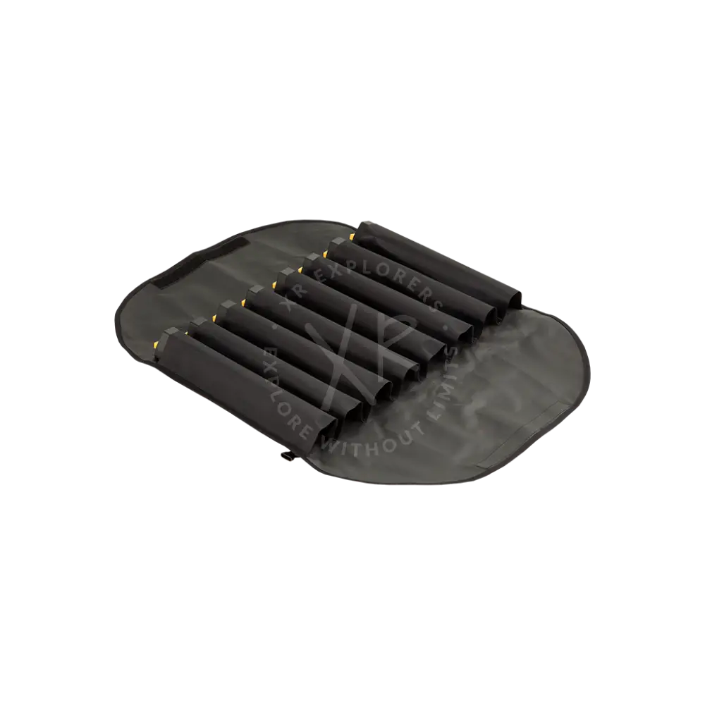 Black fabric pouch with six rolled cylindrical compartments and gold metal accents for seacraft air-travel battery modular iata compliant