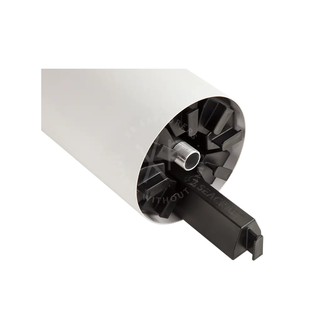 White cylindrical seacraft air-travel battery with black internal gear and threaded metal connector for modular iata compliance