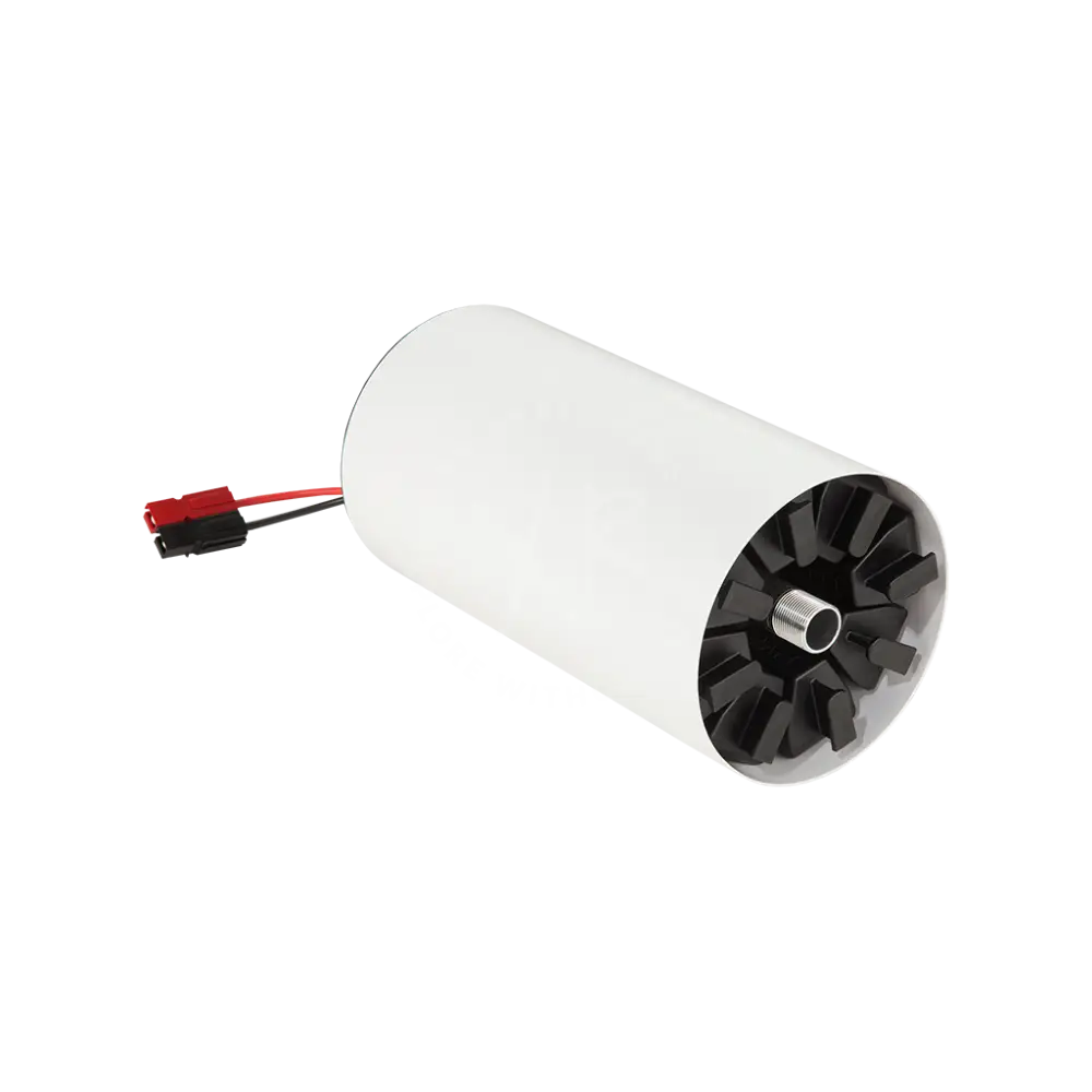 White cylindrical led tube light with black fan blades and red wire connector for seacraft air-travel battery