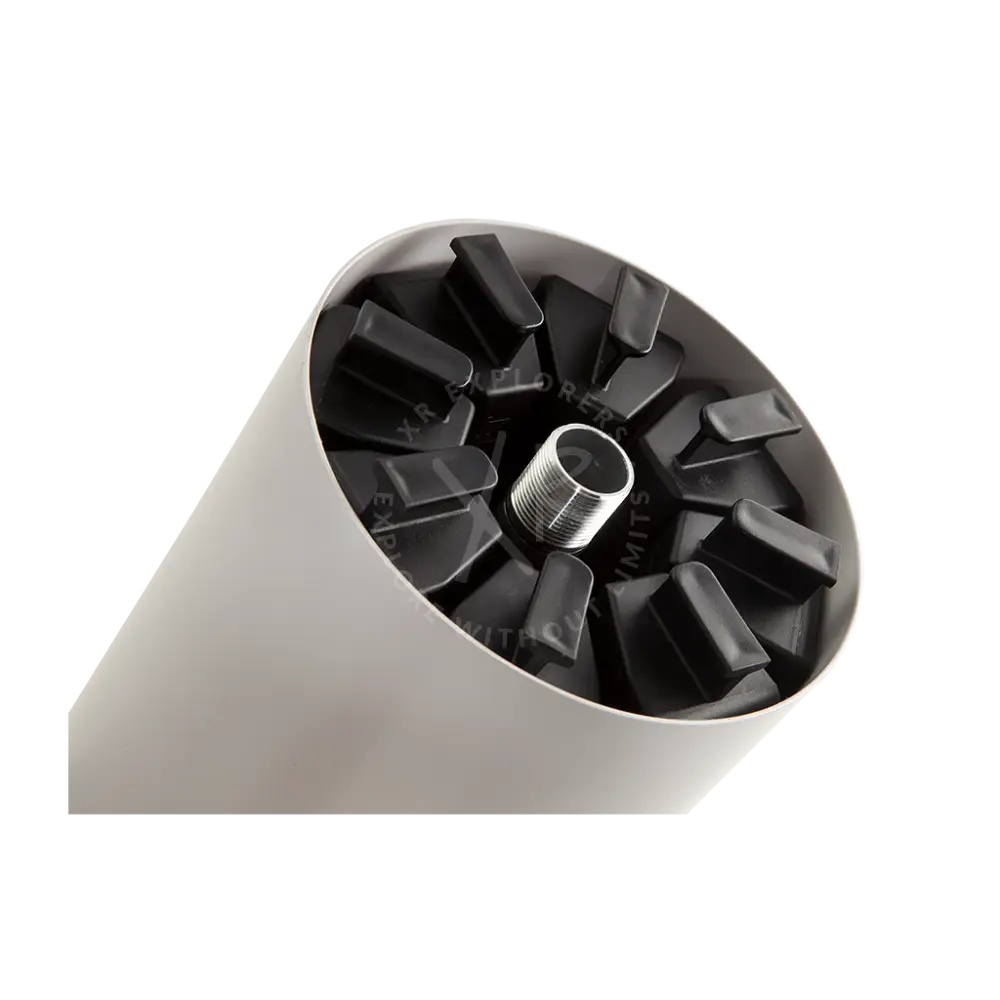 White cylindrical seacraft air-travel battery housing with black plastic clips around a central metallic threaded rod