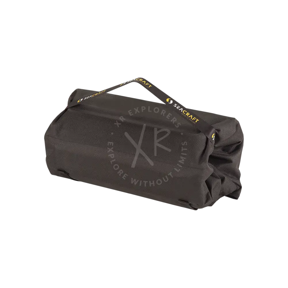 Black seacraft waterproof dry bag with yellow branding and reinforced stitching for air-travel battery storage