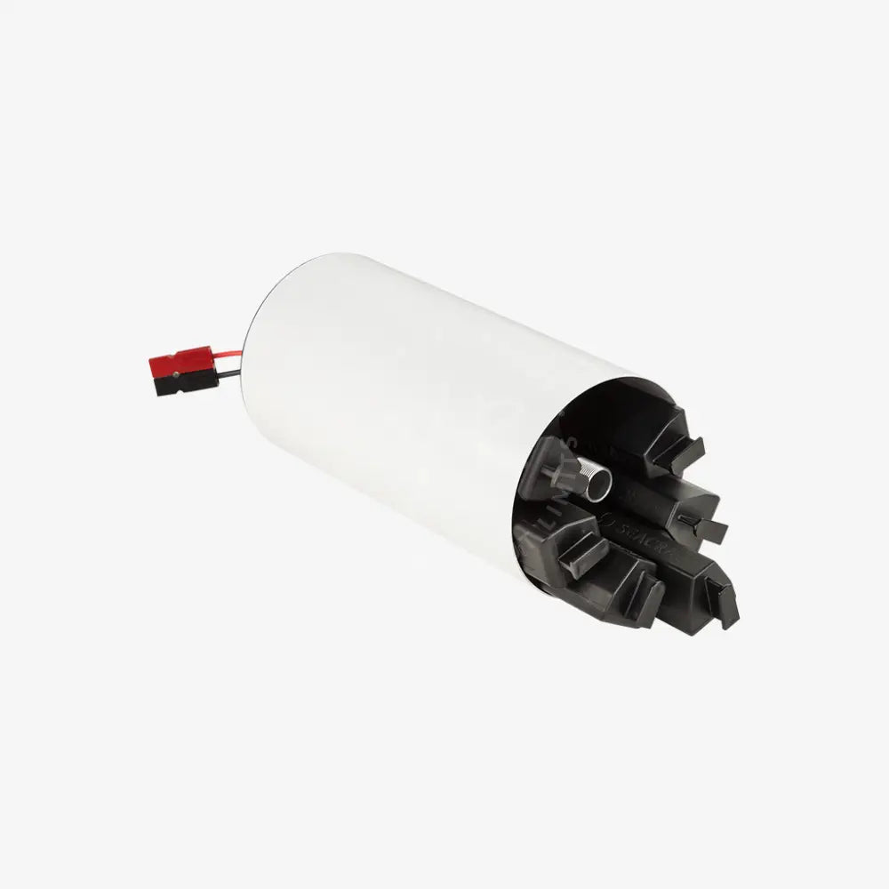 A white cylindrical modular battery with black and red components visible at one end, designed for seacraft air-travel friendly use.