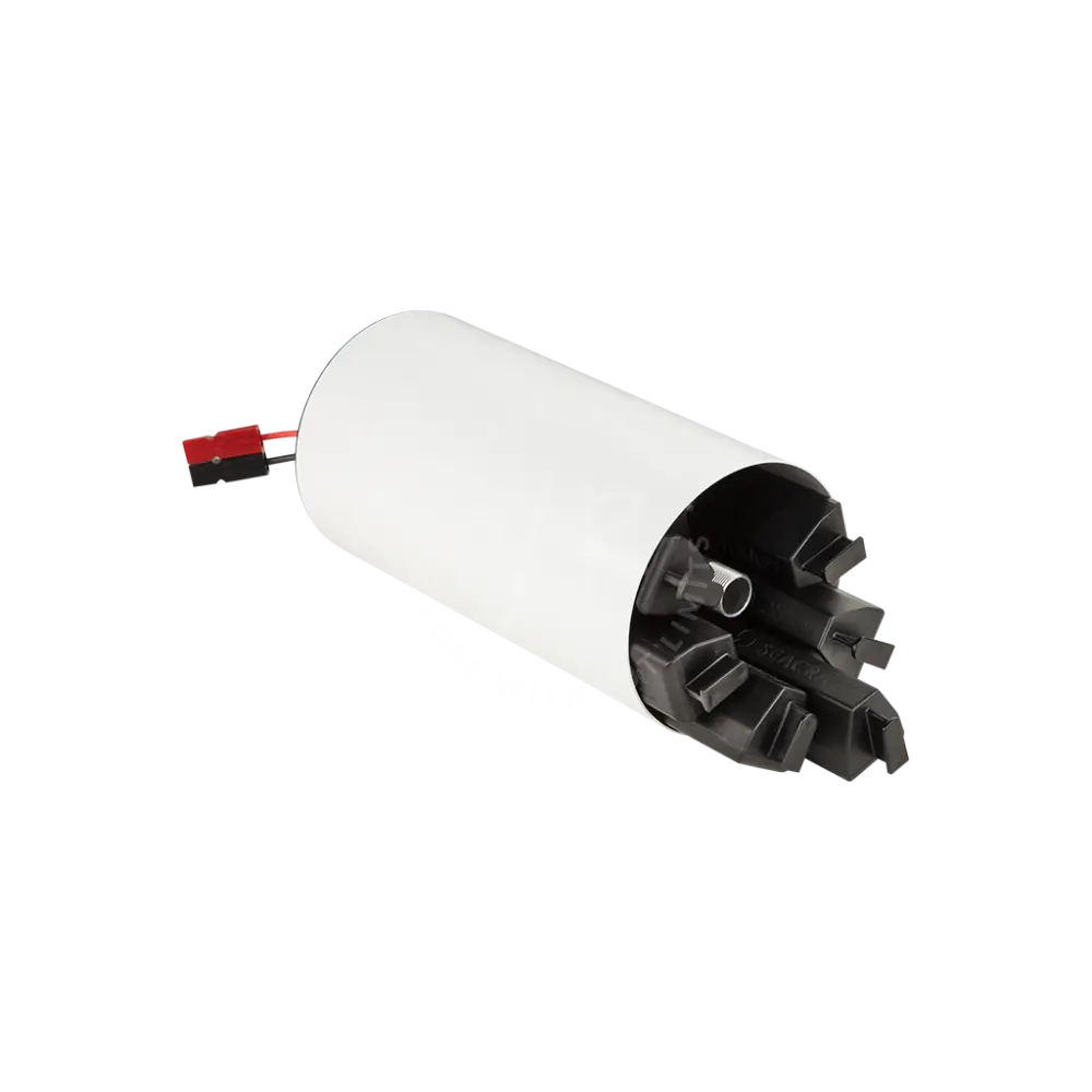 A white cylindrical modular battery with black and red components visible at one end, designed for seacraft air-travel friendly use.