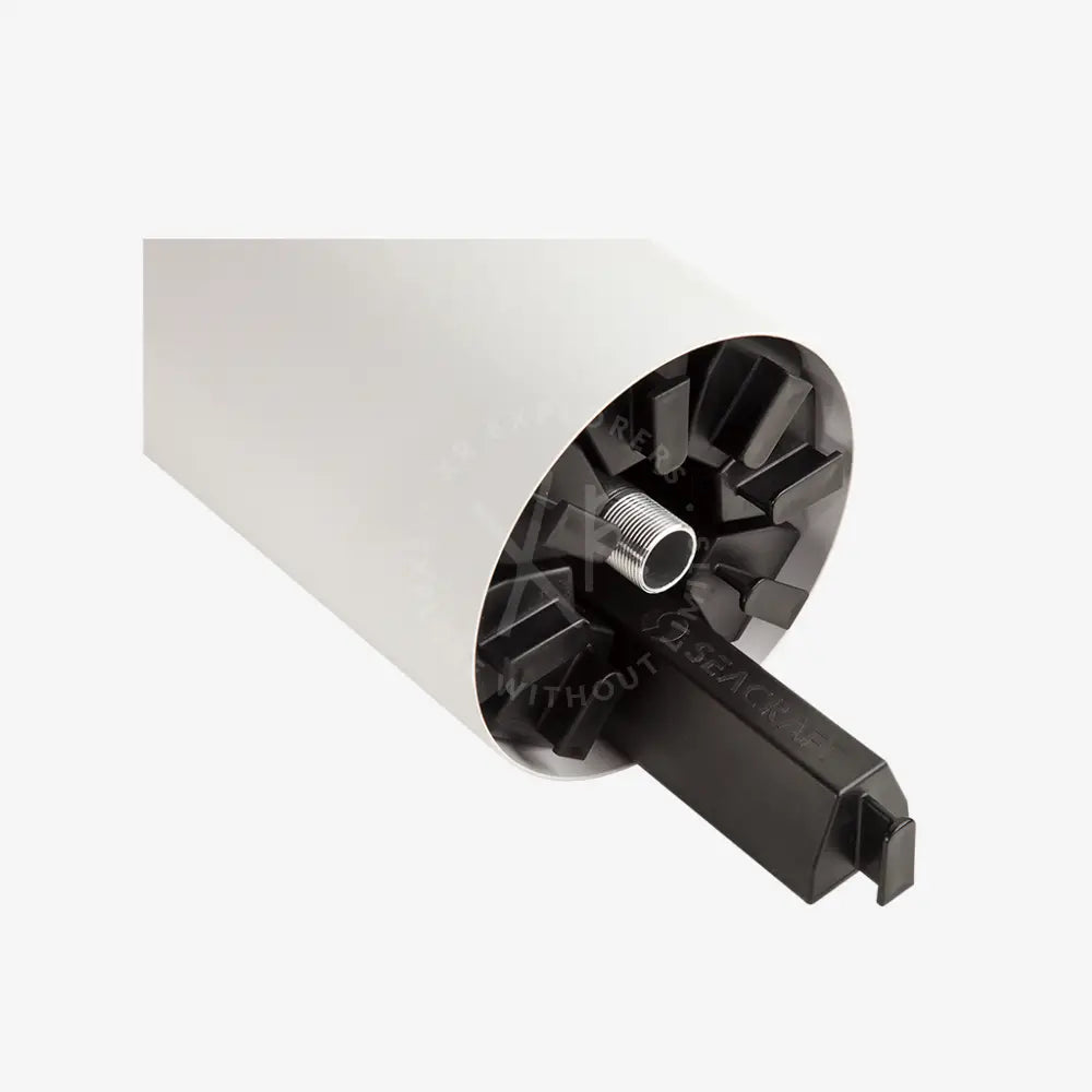 White cylindrical seacraft air-travel battery with black internal gear and threaded metal connector for modular iata compliance