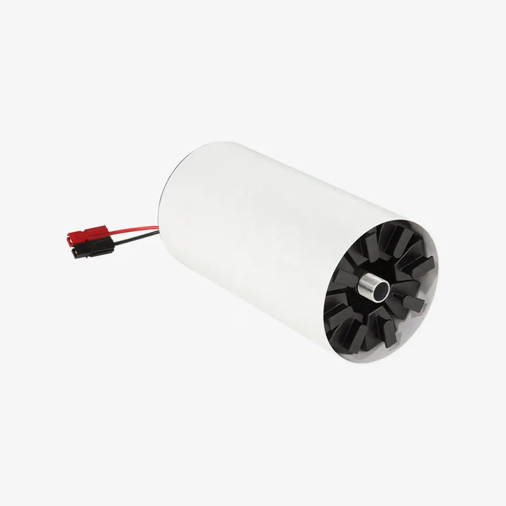 White cylindrical led tube light with black fan blades and red wire connector for seacraft air-travel battery