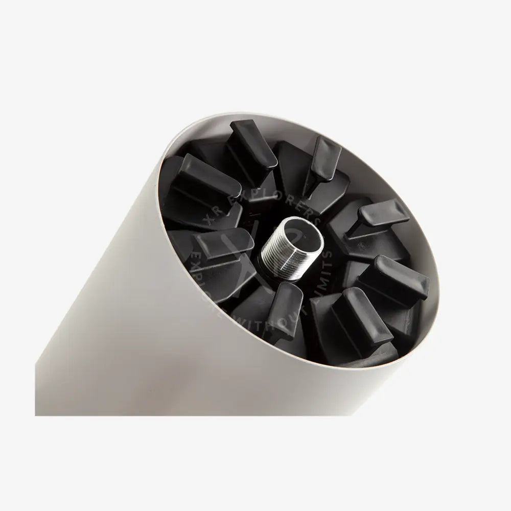White cylindrical seacraft air-travel battery housing with black plastic clips around a central metallic threaded rod