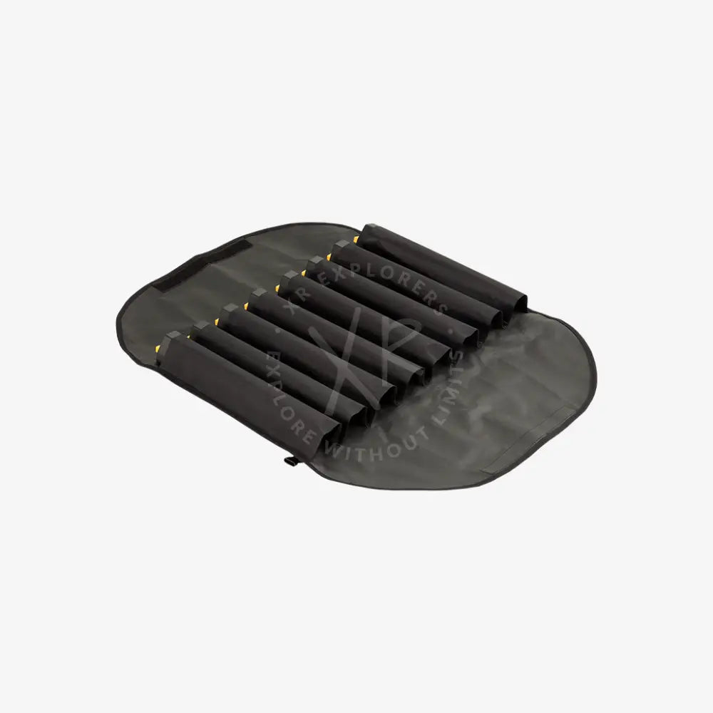 Black fabric pouch with six rolled cylindrical compartments and gold metal accents for seacraft air-travel battery modular iata compliant