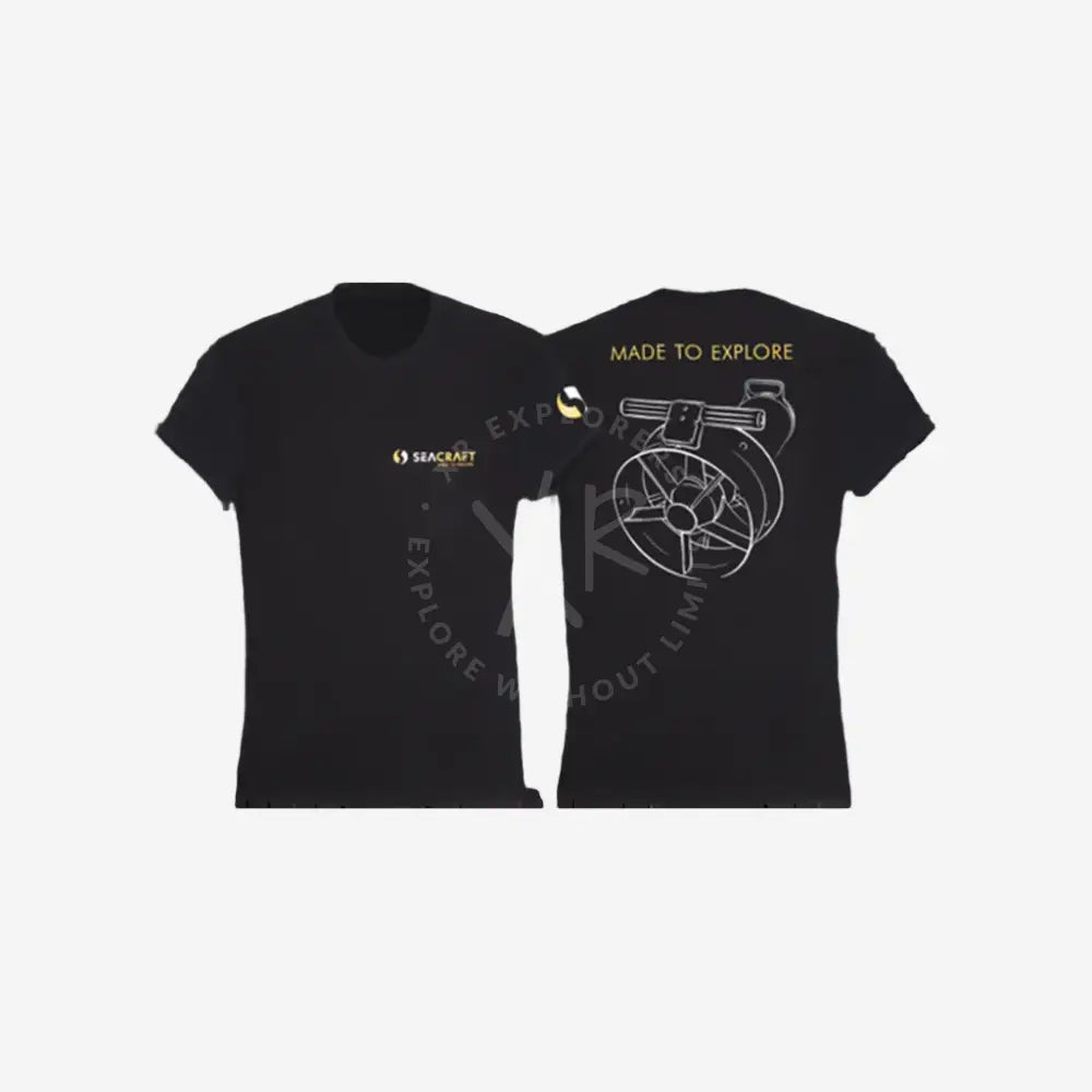 Back of seacraft black company women’s t-shirt with white underwater vehicle line drawing and gold made to explore text