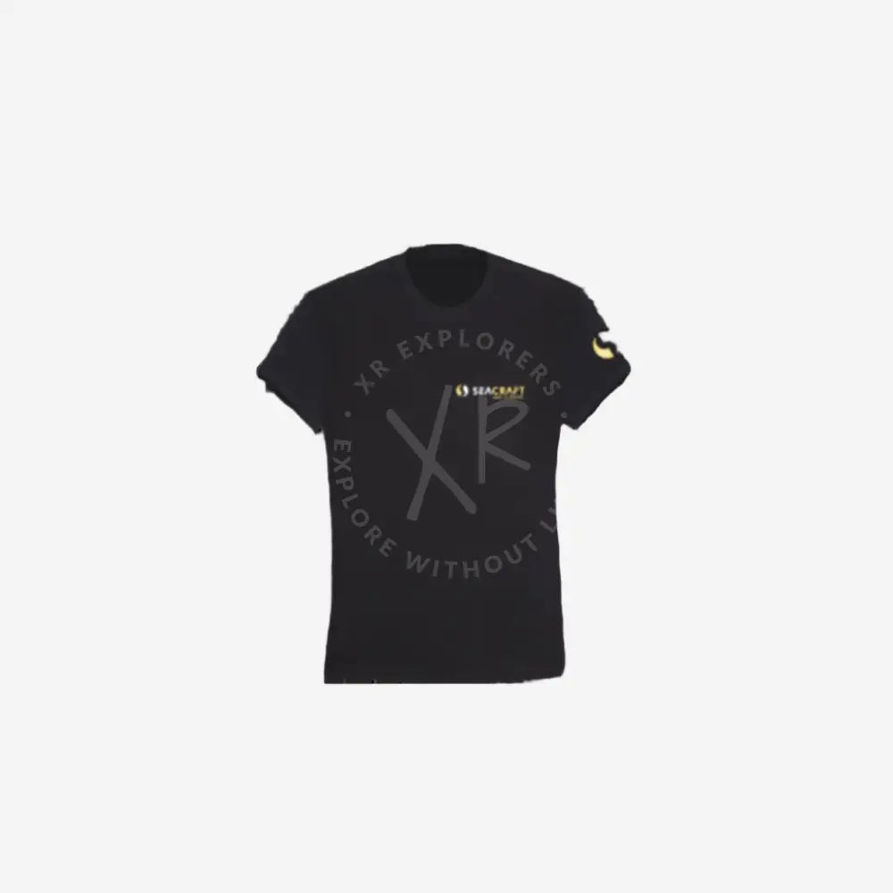 Seacraft black short-sleeved t-shirt with gold logo and emblem on left chest and sleeve dpv graphic design