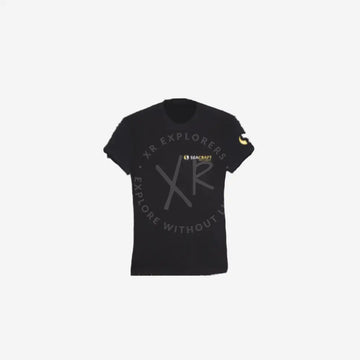 Seacraft black short-sleeved t-shirt with gold logo and emblem on left chest and sleeve dpv graphic design