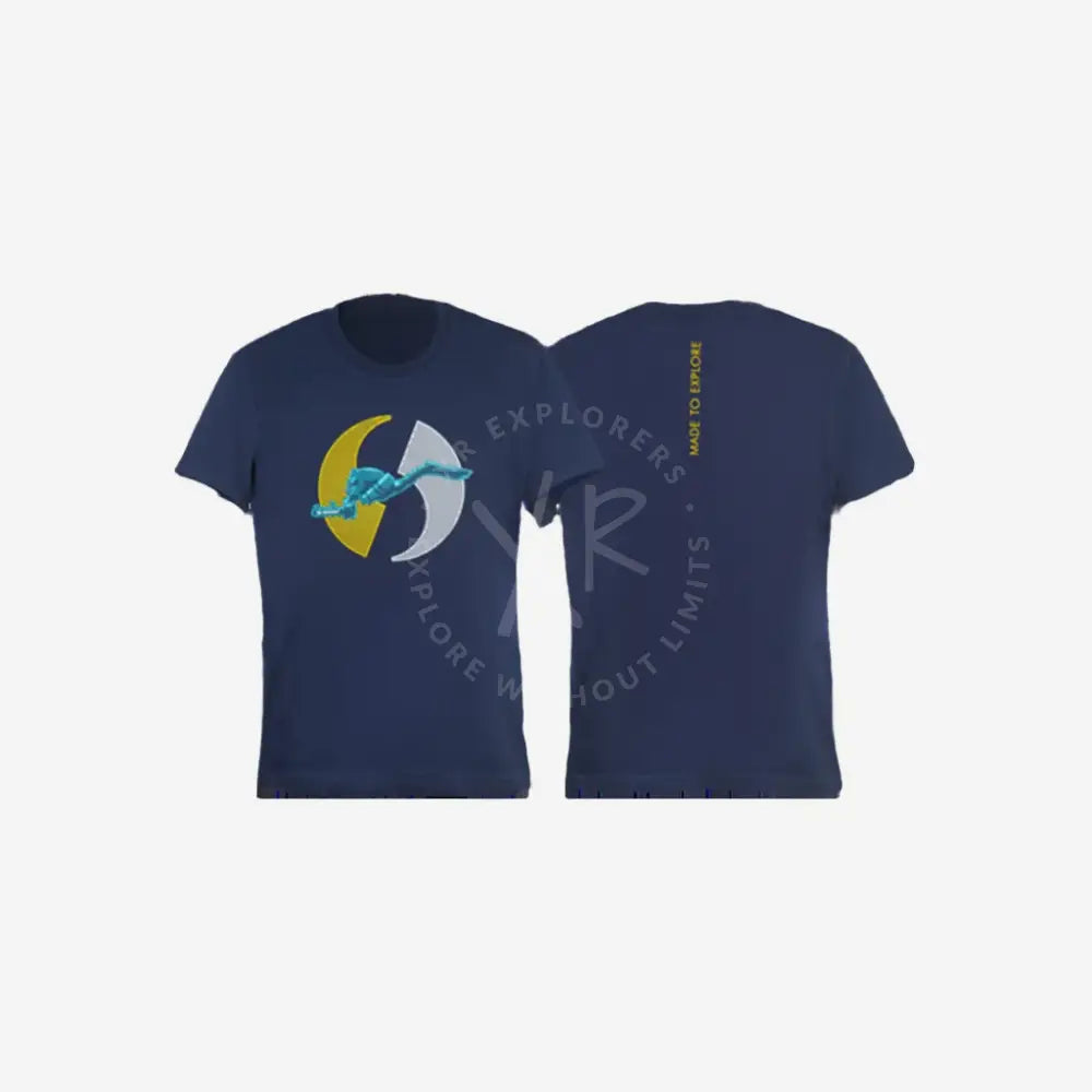 Navy blue t-shirt with a graphic design on the front and text on the back, displayed on a white background.