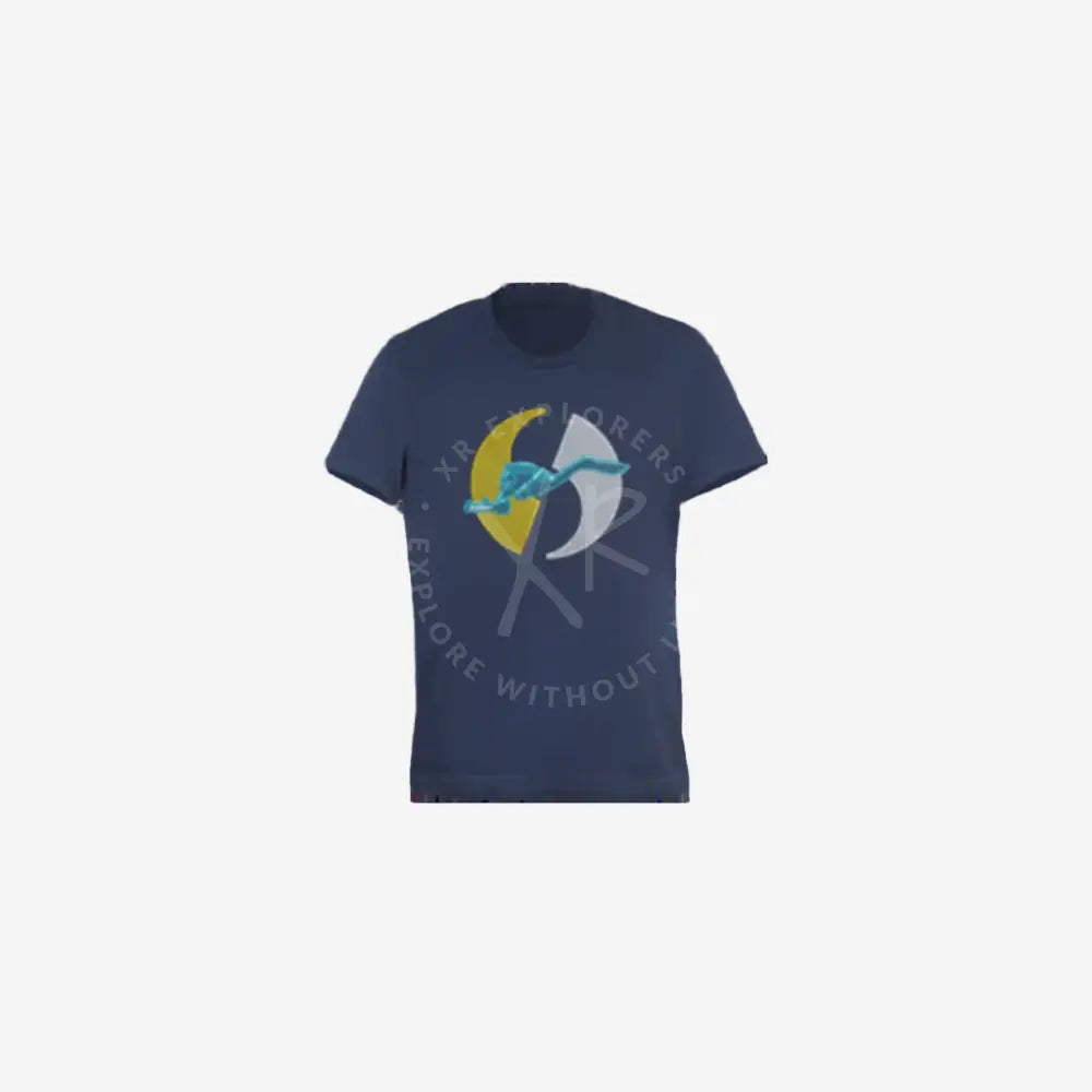 A navy blue cotton t-shirt with a bold diving aesthetic print on the front and a subtle slogan on the back.