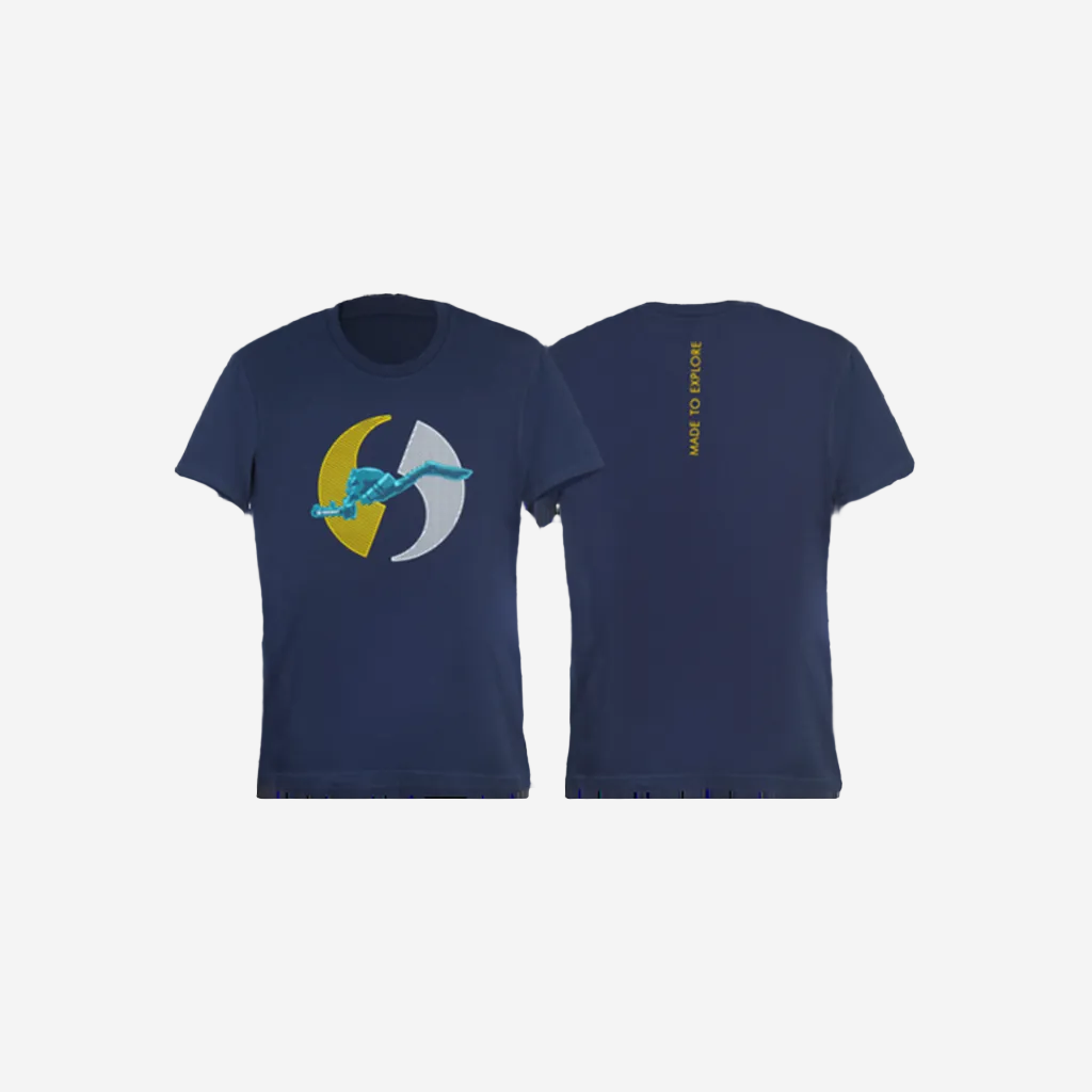 A navy blue cotton t-shirt with a bold diving aesthetic print on the front and a subtle slogan on the back.
