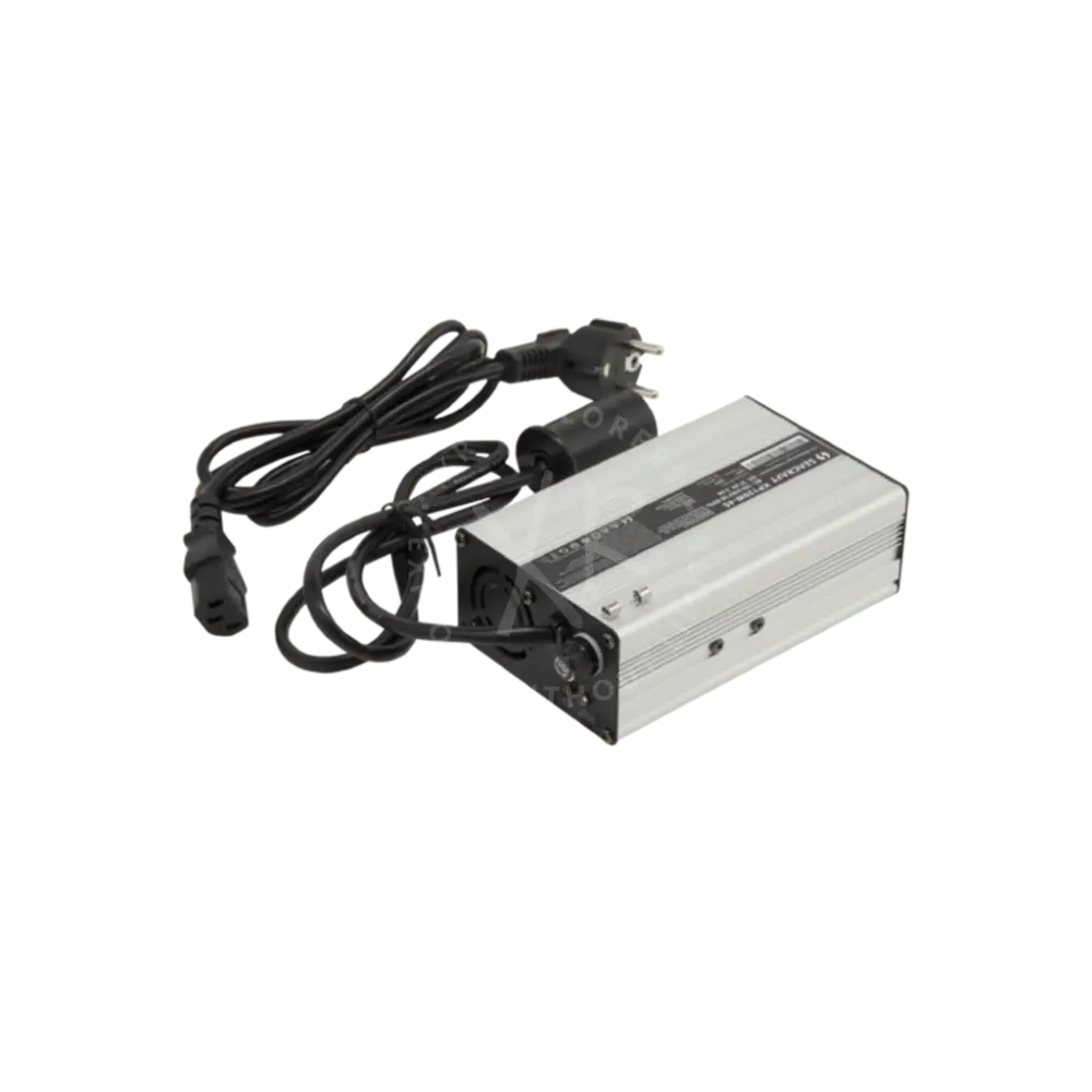 Silver rectangular seacraft chargers power supply unit with black cables and plugs conveying durability and efficiency