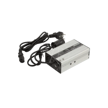 Silver rectangular seacraft chargers power supply unit with black cables and plugs conveying durability and efficiency