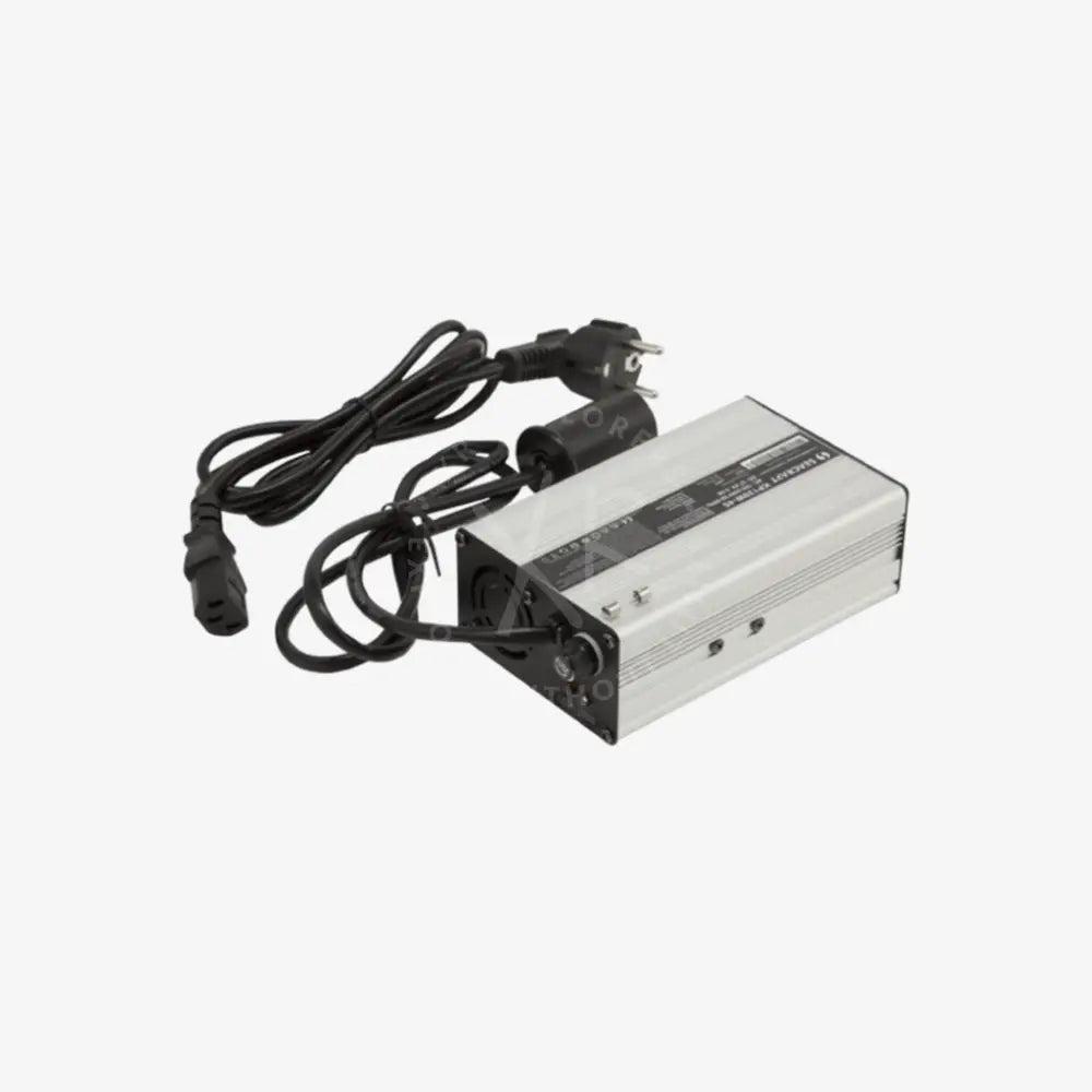 Silver rectangular seacraft chargers power supply unit with black cables and plugs conveying durability and efficiency