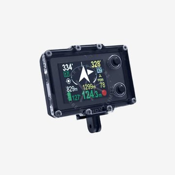 A Seacraft ENC3 Navigation Console unit with a clear display showing compass heading, depth, distance to target, estimated arrival time, speed, and dive time, mounted on a bracket.