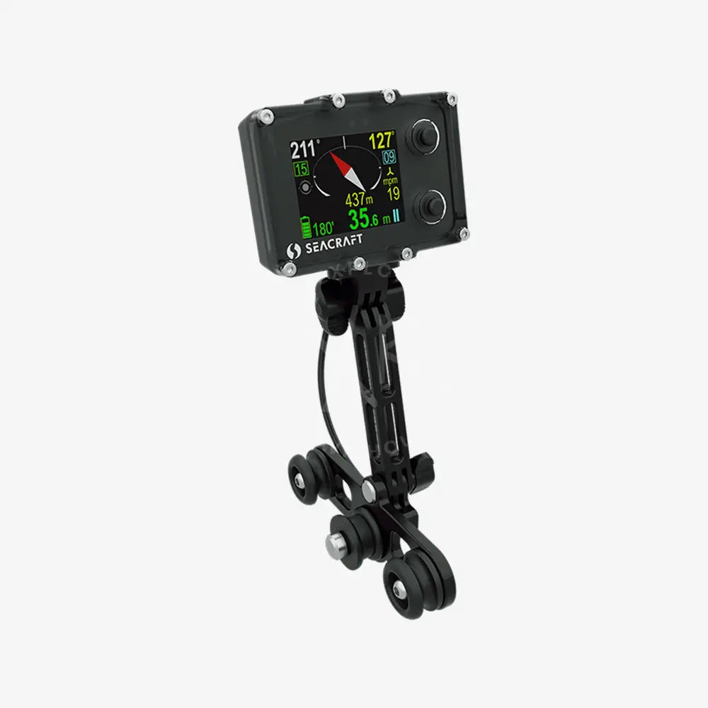 A Seacraft ENC3 Navigation Console unit with a clear display showing compass heading, depth, distance to target, estimated arrival time, speed, and dive time, mounted on a bracket.