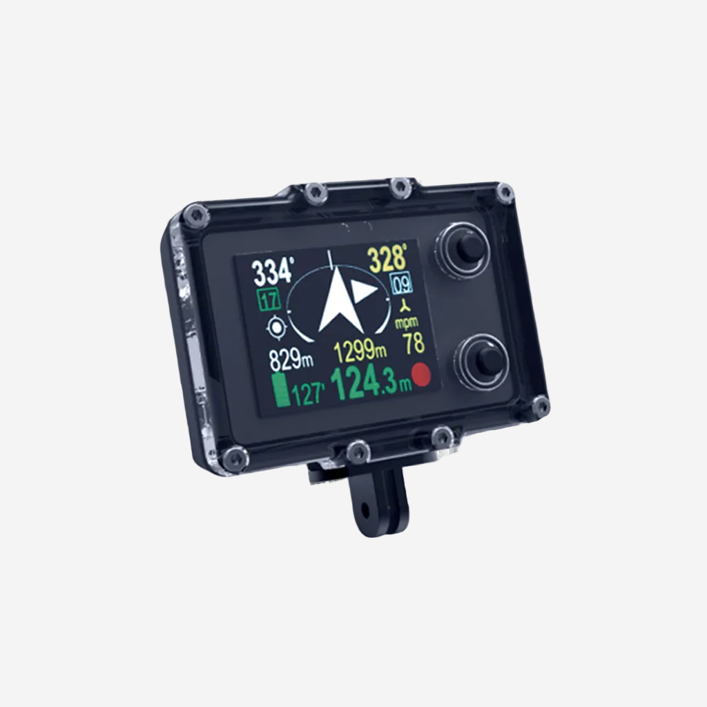A Seacraft ENC3 Navigation Console unit with a clear display showing compass heading, depth, distance to target, estimated arrival time, speed, and dive time, mounted on a bracket.