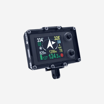 A Seacraft ENC3 Navigation Console unit with a clear display showing compass heading, depth, distance to target, estimated arrival time, speed, and dive time, mounted on a bracket.