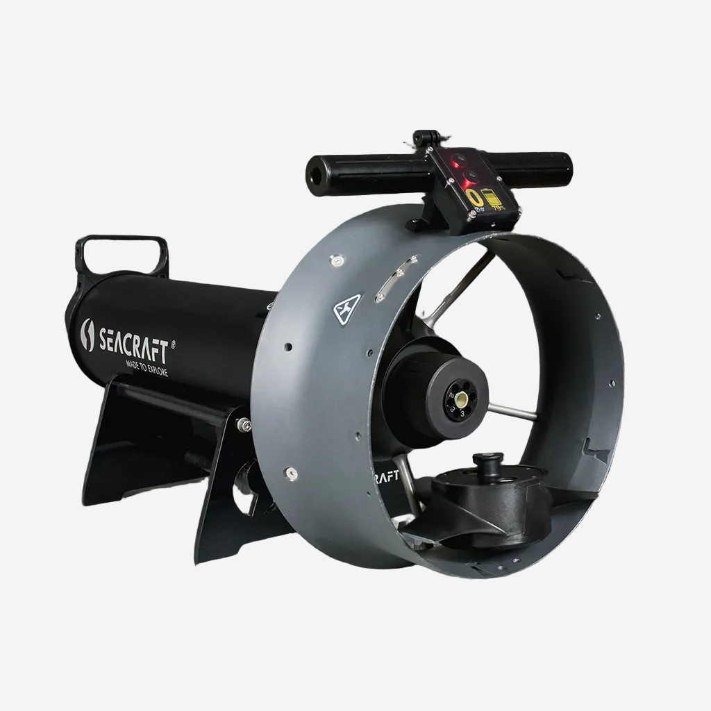 A Seacraft Future Air-Travel 800 underwater scooter designed for diving, featuring a cylindrical body with a black color and a propeller visible at one end.