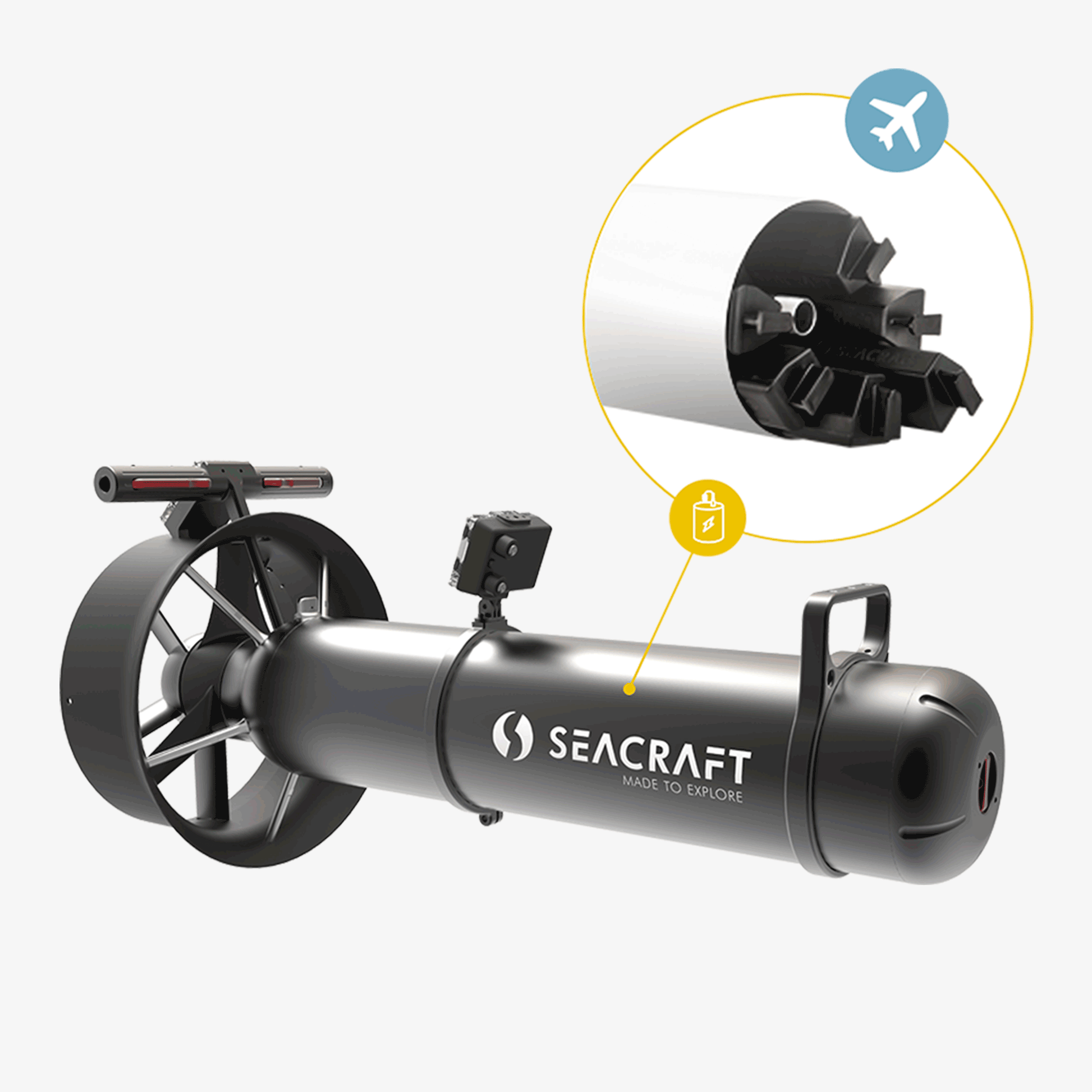 A Seacraft Future Air-Travel 800 underwater power vehicle, featuring a sleek black design with the brand logo, depicted alongside a close-up view of its propeller mechanism.