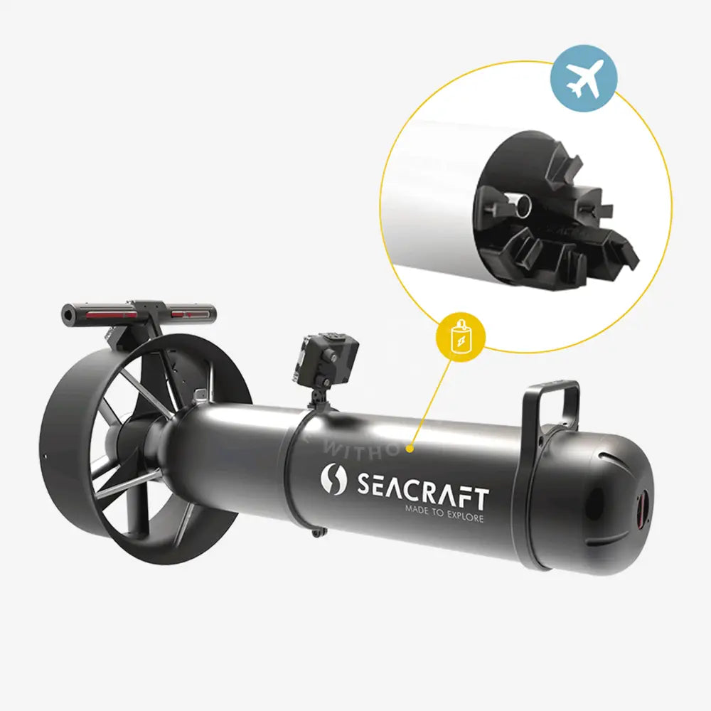 A Seacraft Future Air-Travel 800 underwater power vehicle, featuring a sleek black design with the brand logo, depicted alongside a close-up view of its propeller mechanism.